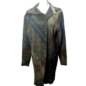 Natural Reflection Kerry Green Blue Plaid Open Cardigan Sweater Pockets Large